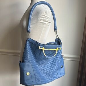 JOY MANGANO BLUE WOVEN LARGE PURSE BAG TOTE W/ TASSEL NWT